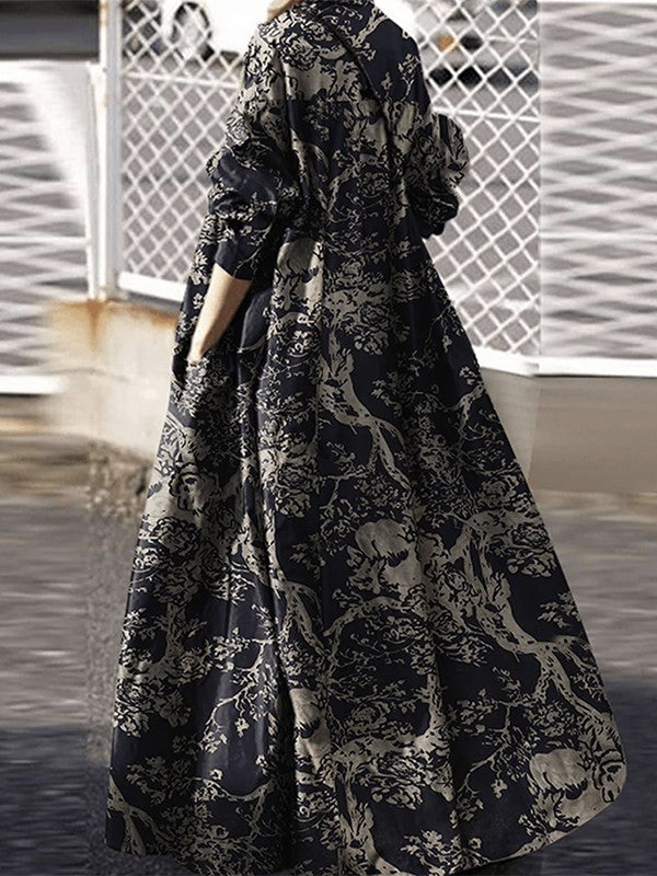 Printed Split-Joint Long Sleeves Loose Lapel Shirt Dress