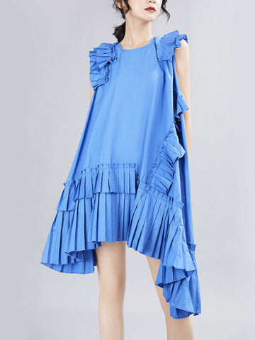 Asymmetric Pleated Solid Color Split-Joint Flying Sleeves Loose Round-Neck Midi Dresses