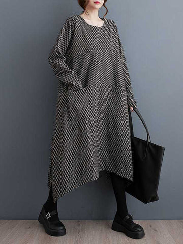 Pockets Printed Split-Joint Split-Side Long Sleeves Loose Round-Neck Midi Dresses