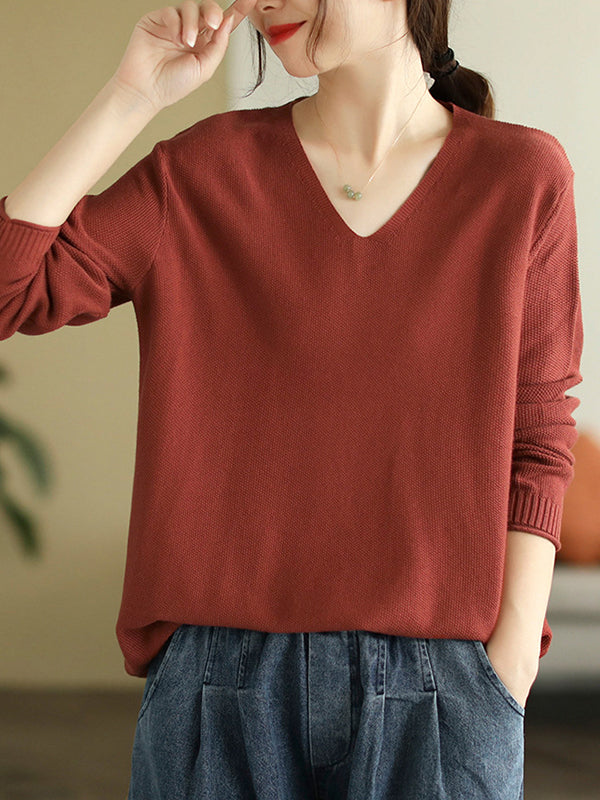 Solid Color Long Sleeves Loose V-Neck Sweater Tops