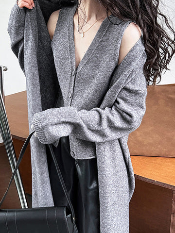 Buttoned Solid Color Long Sleeves Loose V-Neck Knit Vest + Cardigan Two Pieces Set