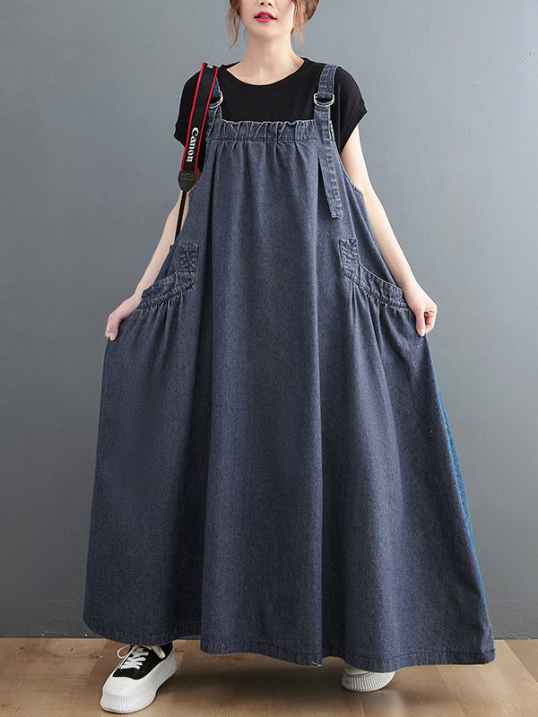 Vintage Loose Artistic Retro Solid Color Strap Denim Midi Dress