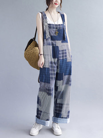 Artistic Retro Plaid Square-Neck Sleeveless Overalls