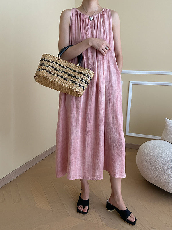 Pleated Solid Color A-Line Loose Round-Neck Midi Dresses