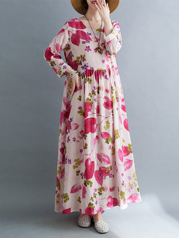 Flower Print Split-Joint Long Sleeves Loose Round-Neck Midi Dresses