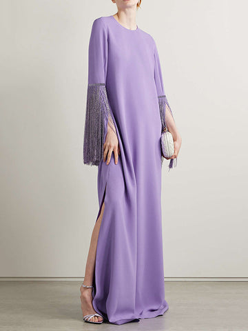 H-Line Long Sleeves Solid Color Split-Side Tasseled Round-Neck Maxi Dresses