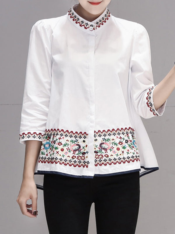 Buttoned Embroidered Loose Three-Quarter Sleeves Stand Collar Blouses&Shirts Tops