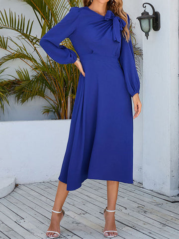 Asymmetric Bowknot Elasticity Solid Color A-Line Long Sleeves Round-Neck Midi Dresses