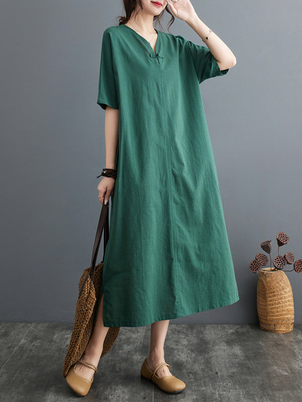 Chinese Frog Buttons Pockets Solid Color Split-Side A-Line Loose V-Neck Midi Dresses