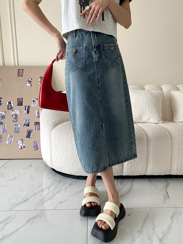 Pockets Split-front Split-Joint A-line Denim Skirts Bottoms