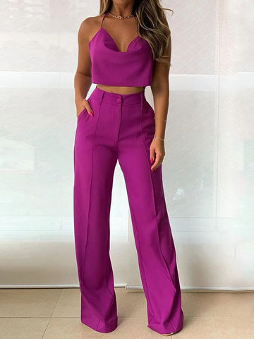 Solid Color Loose V-Neck Vest Top + High Waisted Pants Bottom Two Pieces Set