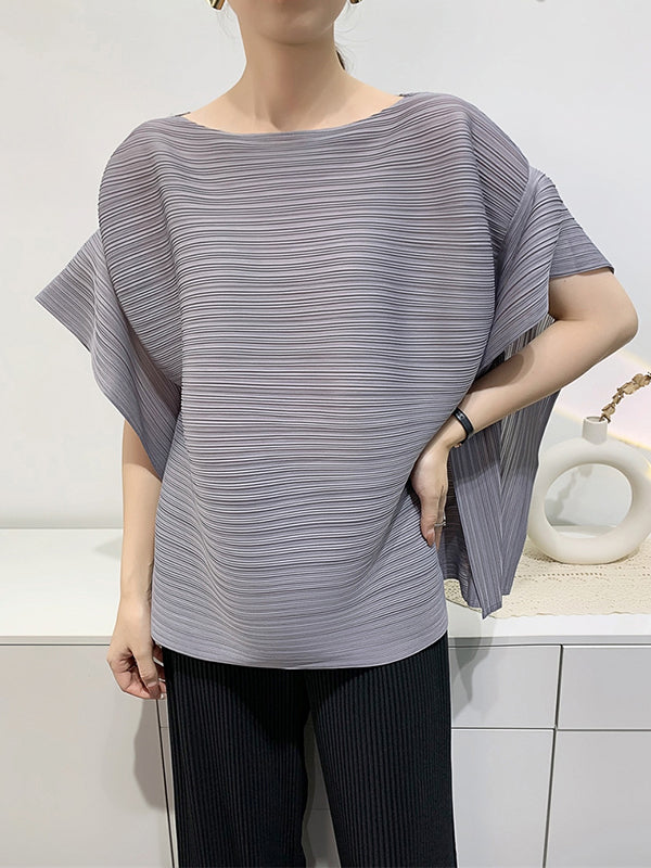 Pleated Solid Color Batwing Sleeves Loose Round-Neck T-Shirts Tops