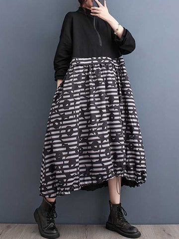 Drawstring Printed Split-Joint Zipper Long Sleeves Loose Midi Dresses