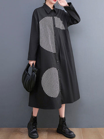 Vintage Loose Long Sleeves Buttoned Printed Polka-Dot Lapel Collar Midi Dresses