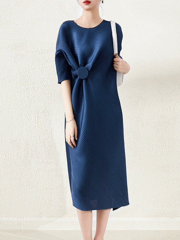 Stylish Irregularity Loose Pleated Solid Color Round-Neck Midi Dresses