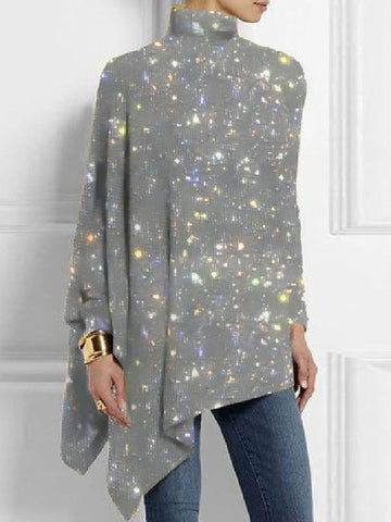 Long Sleeves Loose Shiny High Neck T-Shirts Tops