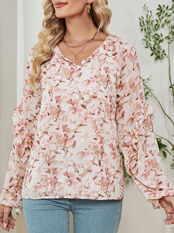 Flower Print Tied Long Sleeves Loose V-Neck Blouses&Shirts Tops