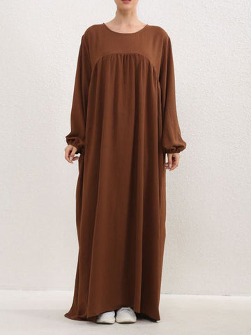 Pleated Solid Color Split-Joint Long Sleeves Loose Round-Neck Maxi Dresses