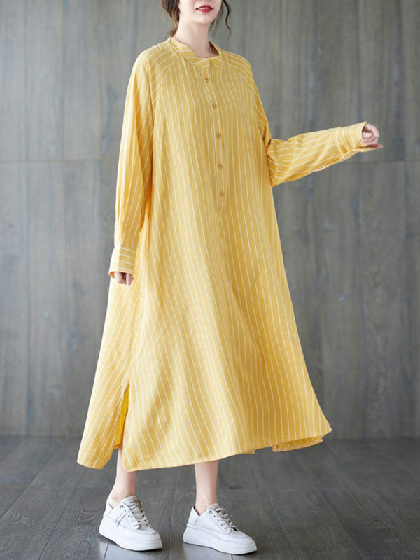 Buttoned Split-Side Striped Long Sleeves Loose Round-Neck Shirt Dress Midi Dresses