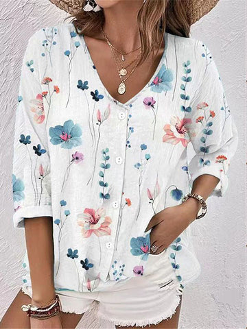 Buttoned Flower Print Long Sleeves Loose V-neck Blouses&shirts Tops