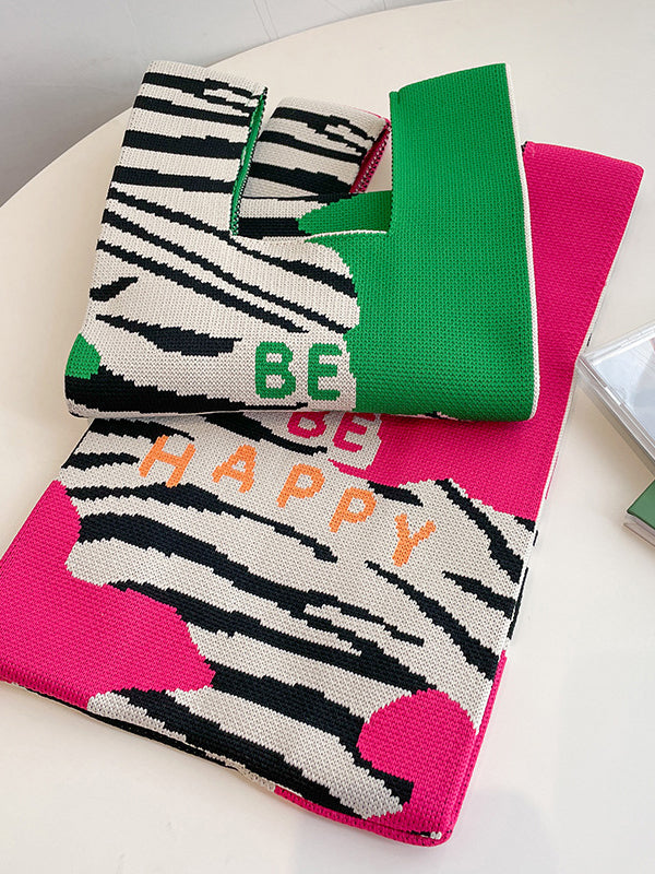 Letter Print Zebra-Stripe Woven Handbag Bags