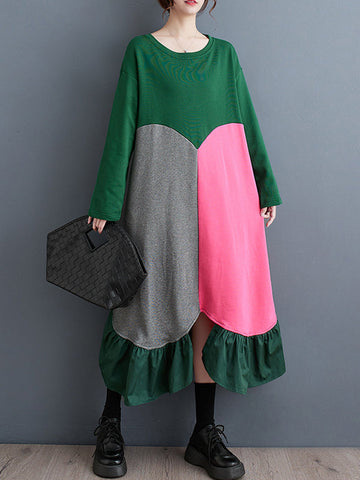 Contrast Color Pleated Split-front Split-Joint A-line Long Sleeves Round-neck Midi Dresses