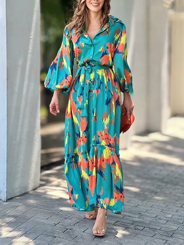 Printed Long Sleeves Loose Lapel Collar Maxi Dresses