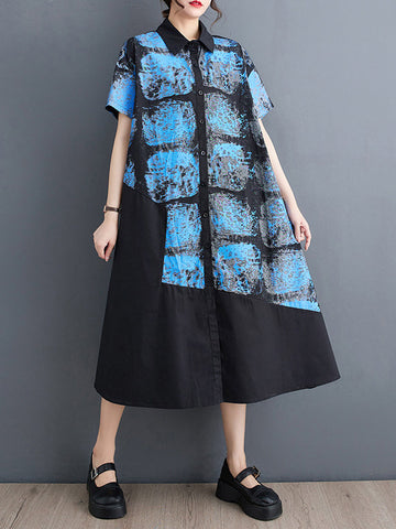 Abstract Printed Loose Short Sleeves Lapel Shirt Dress Midi Dresses