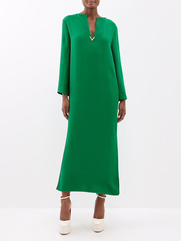 Solid Color Split-side Long Sleeves Wrap V-neck Maxi Dresses