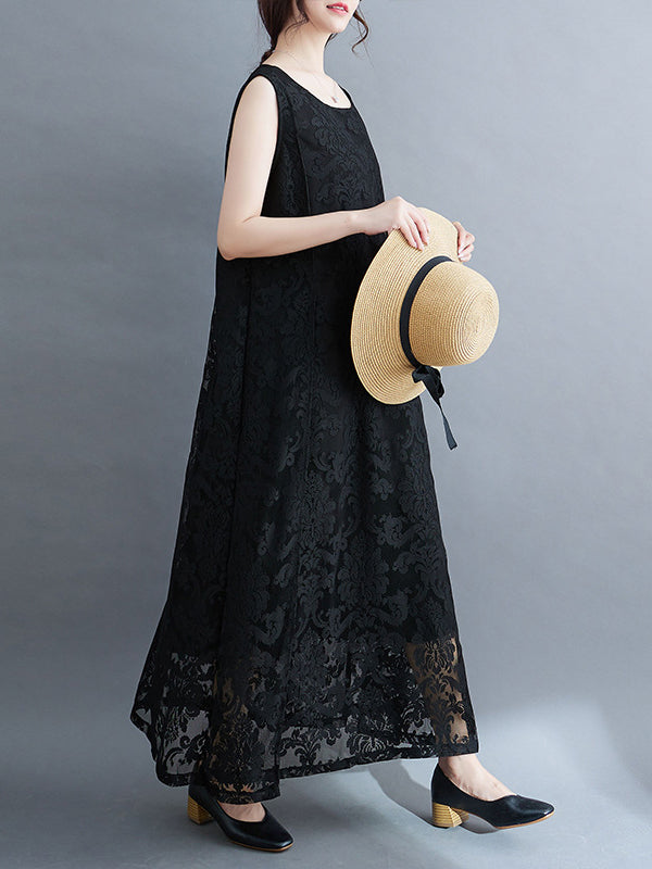 A-Line Loose Lacy See-Through Solid Color Split-Side Round-Neck Midi Dresses