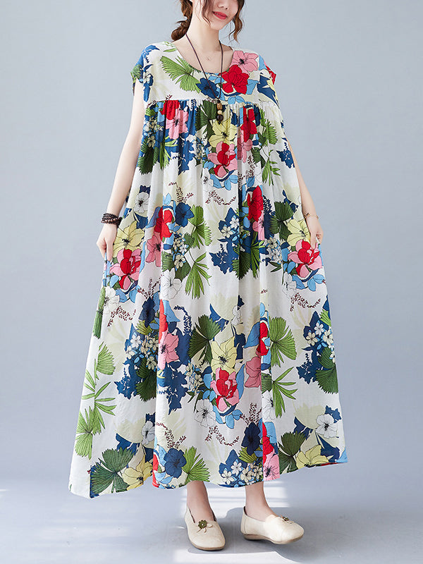 Original Loose Artistic Retro Floral Printed Pleated Midi Dress