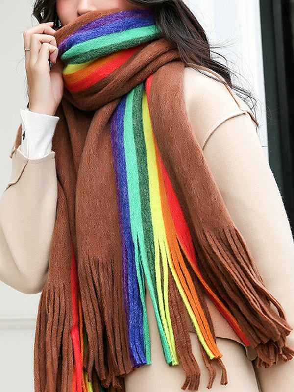 Contrast Color Keep Warm Multi-Colored Tasseled Scarf