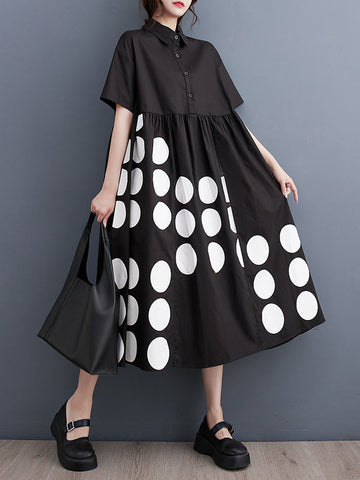 Buttoned Pockets Polka Dot Printed A-line Loose Lapel Midi Dresses