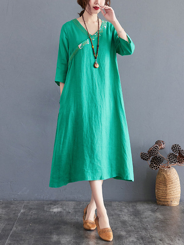 Cotton Blend V-Neck Embroidered Midi Dress