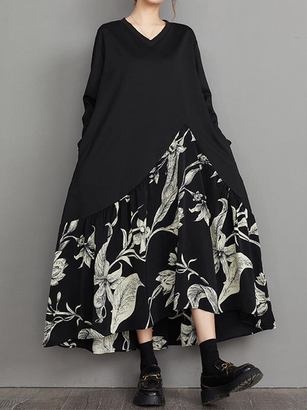 Asymmetric Flower Print Split-Joint A-Line High-Low V-Neck Midi Dresses