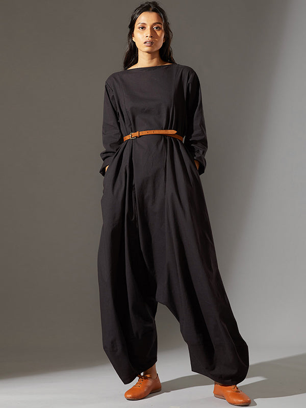 Casual Loose Long Sleeves Solid Color Boat Neck Jumpsuits