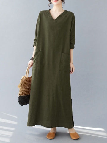 Pockets Solid Color Split-Side A-Line Long Sleeves V-Neck Maxi Dresses