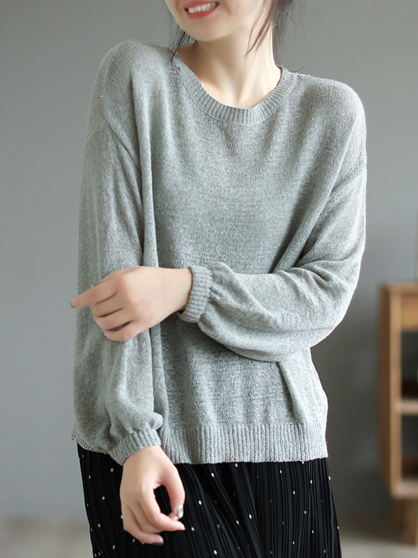 See-Through Solid Color Long Sleeves Loose Round-Neck Sweater Tops