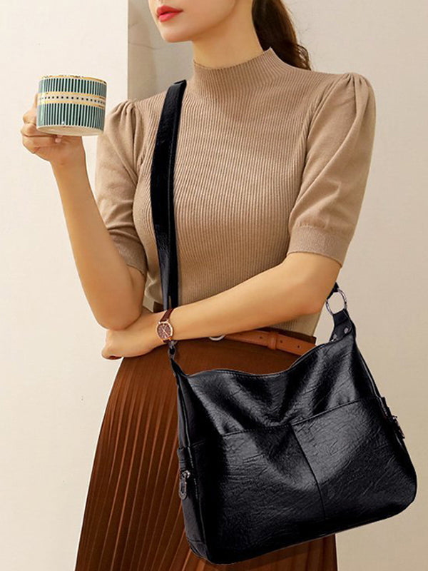 Vintage Solid Color Split-Joint Leather Shoulder Bag