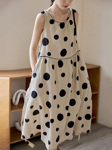 Contrast Color Pleated Polka-Dot Split-Joint Tied Waist Loose Sleeveless Round-Neck Midi Dresses