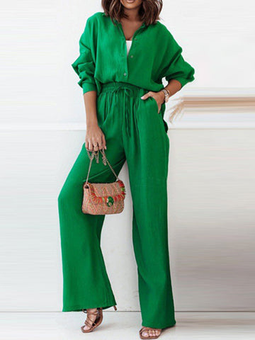 Solid Color Split-Joint High-Low Long Sleeves Buttoned Lapel Blouses + Drawstring Pants Two Pieces Set