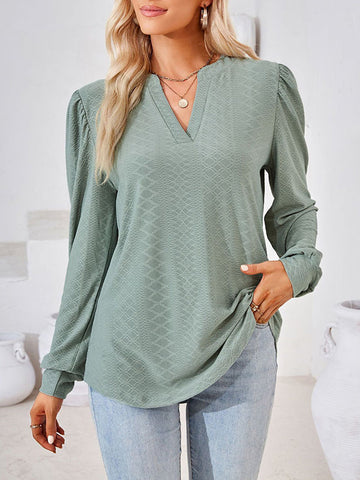 Jacquard Solid Color Long Sleeves Loose V-neck T-Shirts Tops