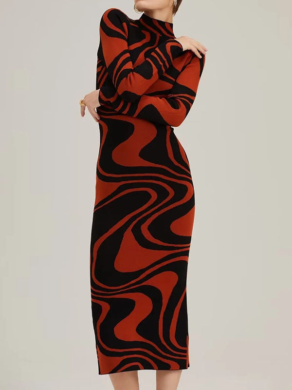 Contrast Color Printed Split-Back Split-Joint Zipper Long Sleeves Skinny High Neck Midi Dresses