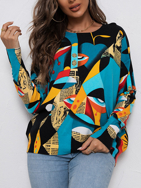 Figure Printed Long Sleeves Round-Neck Sweater Tops Pullovers Knitwear