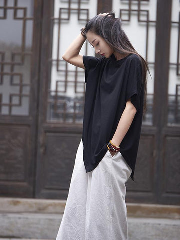 Asymmetric Batwing-sleeves Ramie Cotton Tops