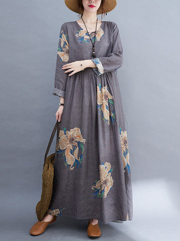 Casual Loose Pleated Flower Printed Round-Neck Long Sleeves Maxi Dress