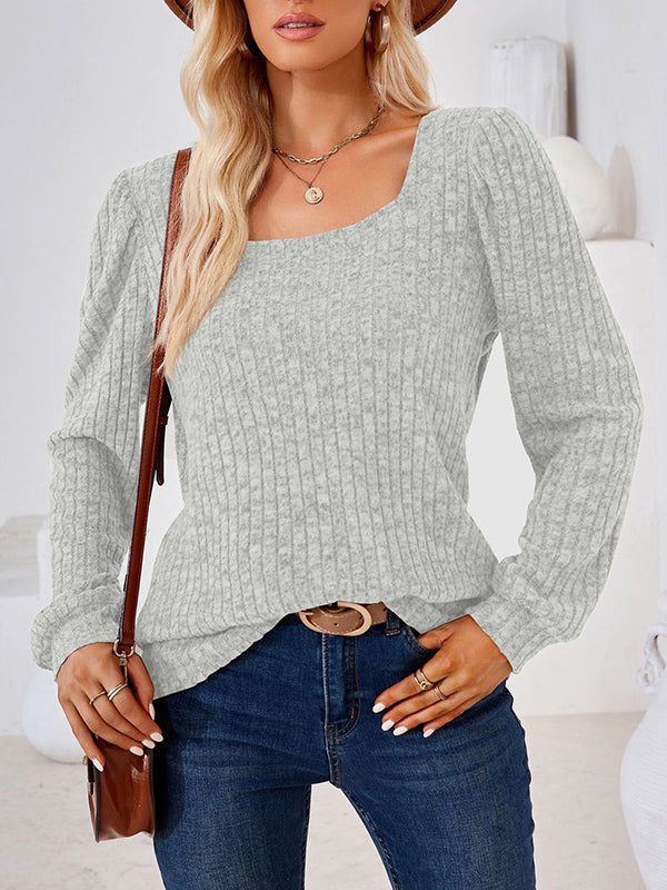 Solid Color Long Sleeves Loose Square-Neck T-Shirts Tops