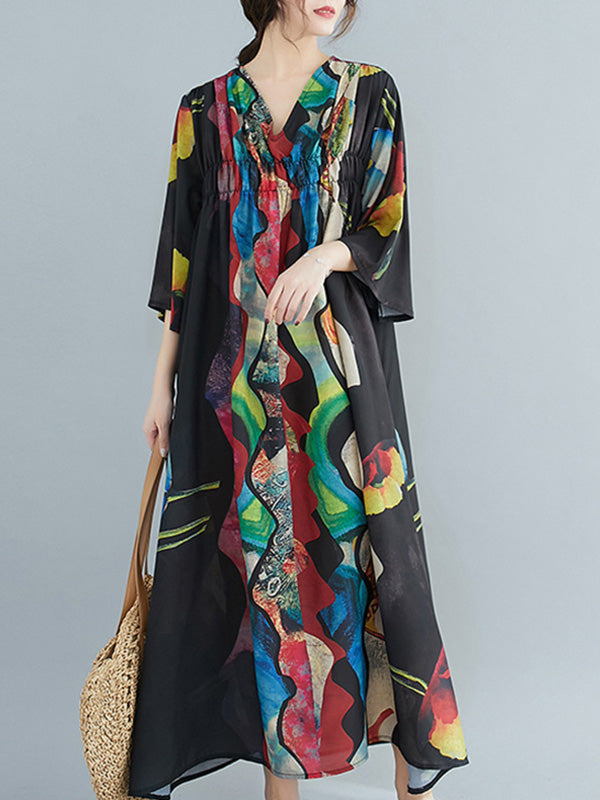 Loose Abstract Printed V-Neck Dress