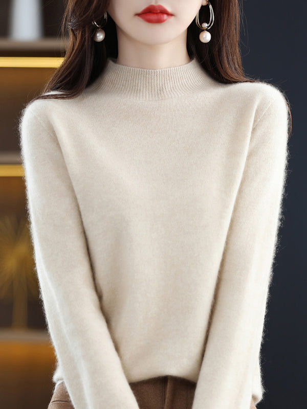 Casual Long Sleeves Solid Color Half Turtleneck Sweater Tops