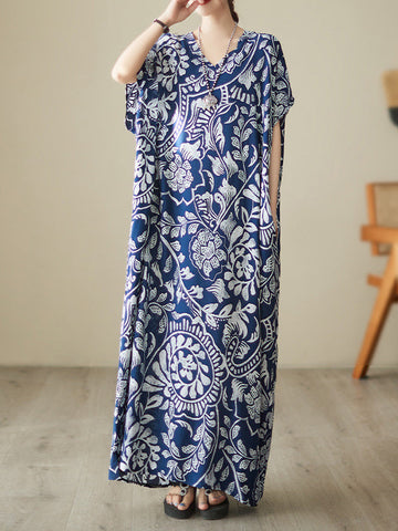 Floral Printed Loose Short Sleeves V-neck Maxi Dresses